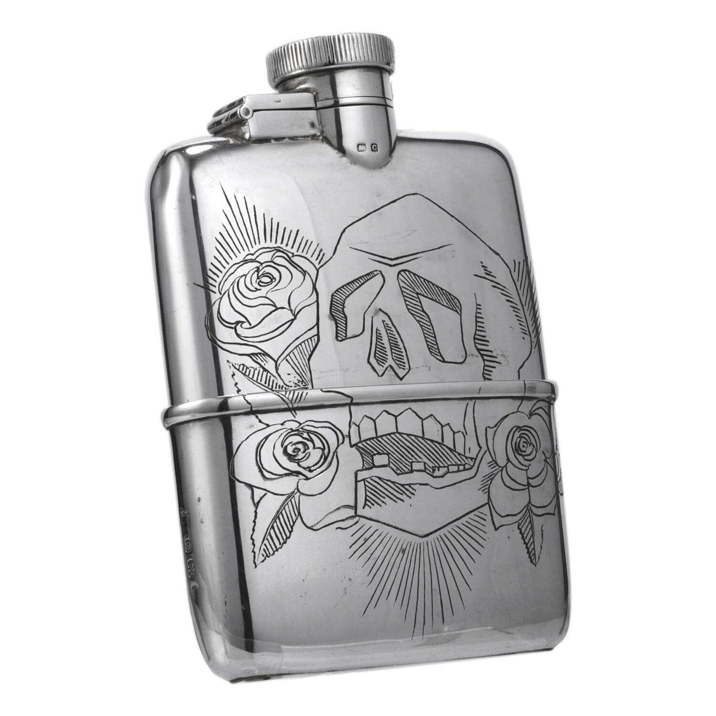 Silver Skulls and Roses Hip Flask