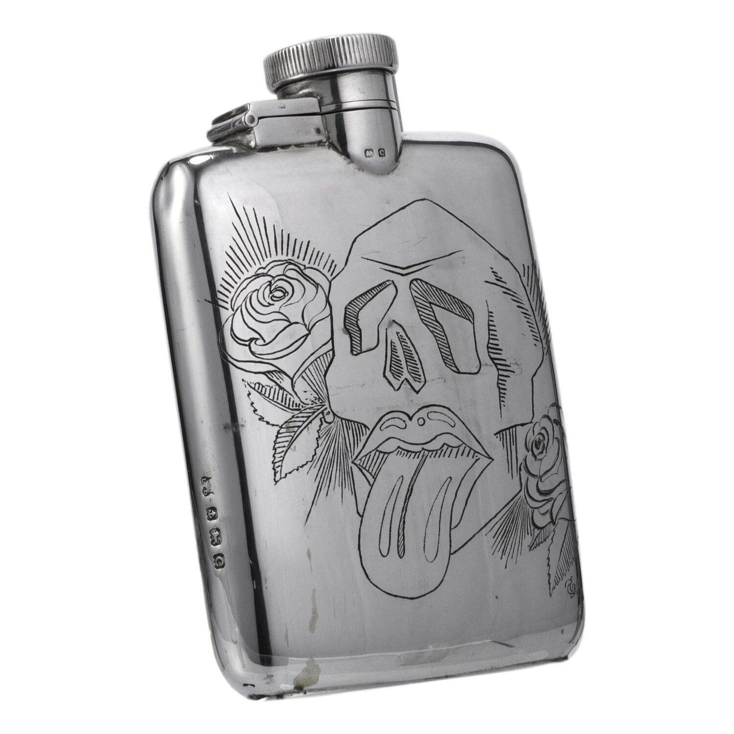 Silver Skulls and Roses Hip Flask