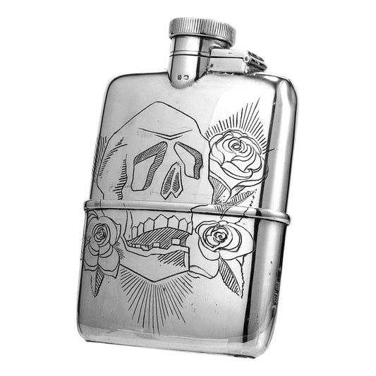 Silver Skulls and Roses Hip Flask