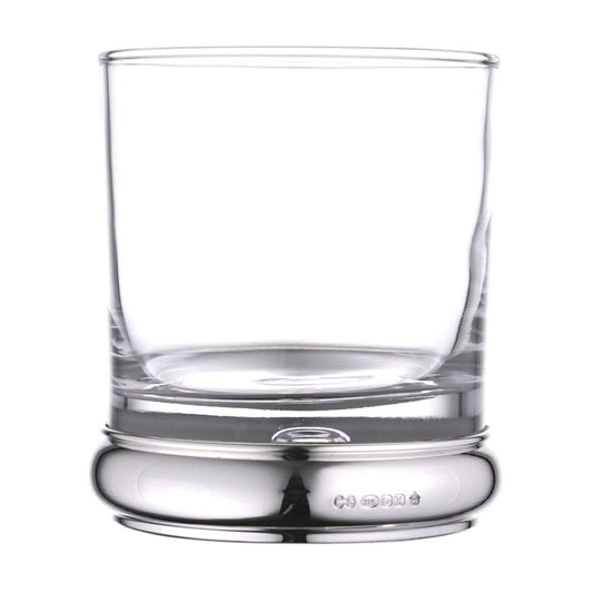 Sterling silver and crystal drinks tumbler with hallmarked silver base, elegant old-fashioned style for whiskey or other spirits, engraved personalization available